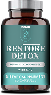 A dark brown glass bottle with a teal and silver label for Zonia Restore Detox Advanced Liver Support dietary supplement, containing 90 capsules with NAC.